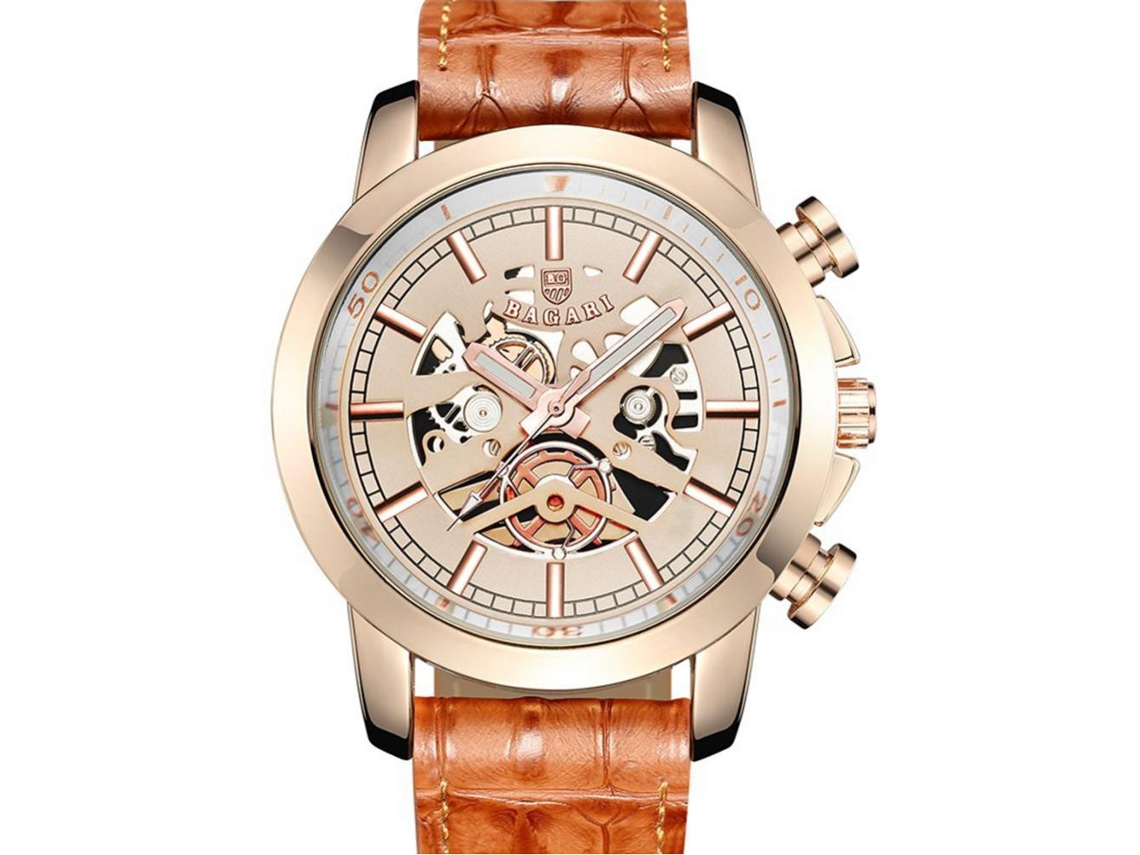 Reloj De Pulsera Cuarzo Agua Resistente De Cuero Pu Hueco Para Hombre Oro Rosa Marrón