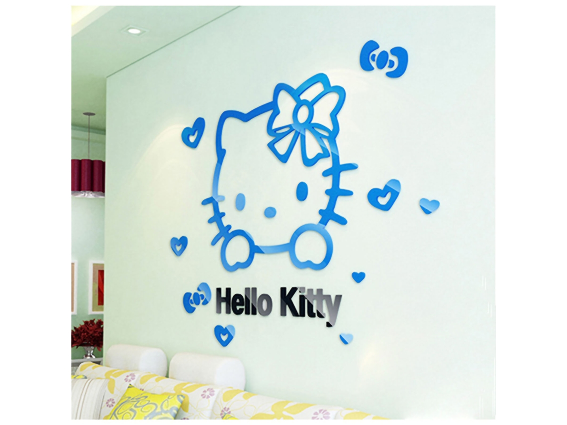 Adhesivo De Pared 3d Acrílico Con Diseño De Gato De Dibujos Animados Hello Kitty Para Habitación Infantil, Color Azul Cielo Y Negro.