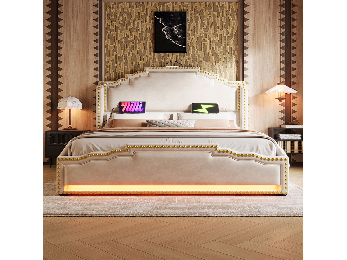 Cama Tapizada 160×200,4 Cajones,terciopelo,beige,sin Colchón.