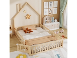 Cama Alta Infantil De 140x190 Cm, De Pino, Con Base De Listones, Estilo Minimalista Natural.