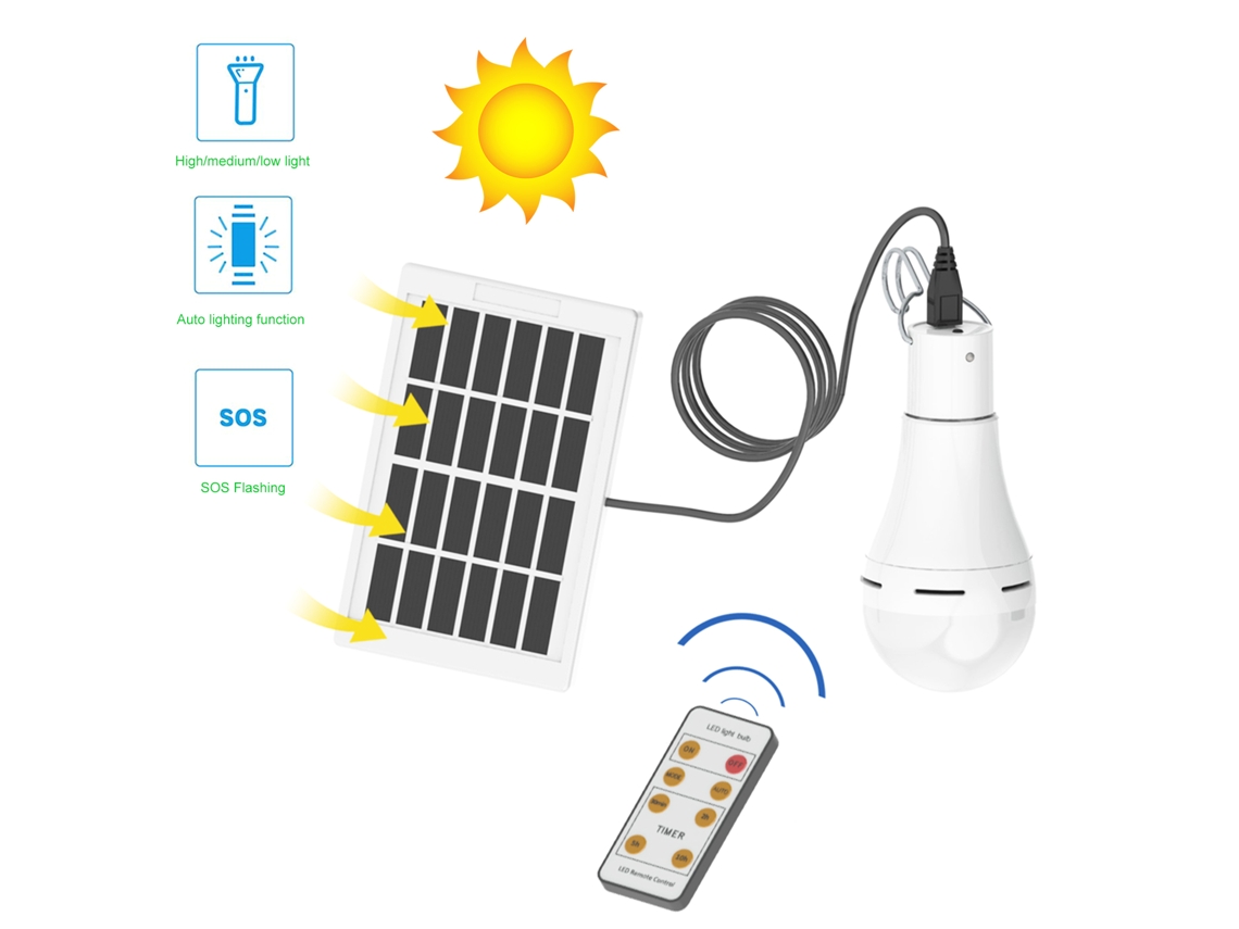Lámpara solar LED de 9W (modelo 2026) con control remoto y automático, 5 funciones, temporizador, recargable, para emergencias.