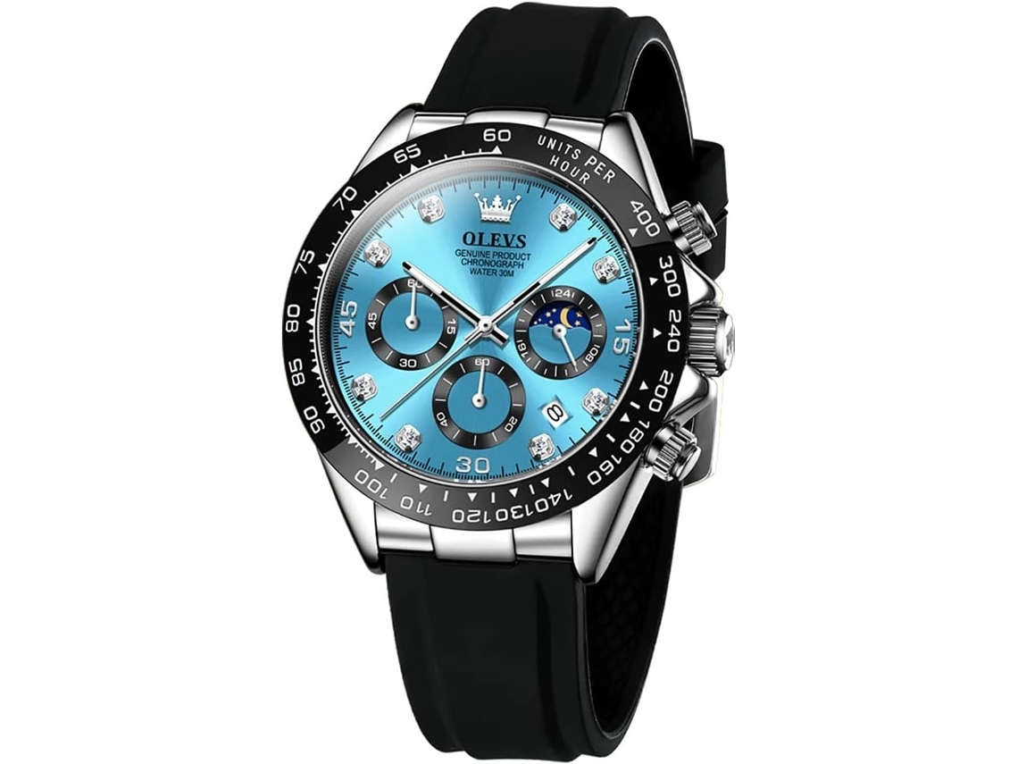 Reloj Deportivo para Hombre de Cuarzo con Correa de Silicona Negra Cronógrafo Luminoso Impermeable Fase Lunar Azul