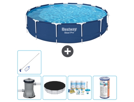 Piscina BESTWAY Round Steel Pro - 396 x 84 cm - Azul - Bomba incluida Cubrir - Paquete de mantenimiento - Filtrar - kit de limpieza