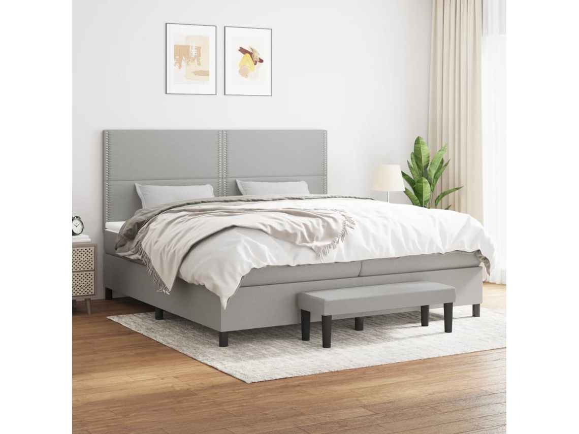 Cama Box Spring Con Colchón Tela Gris Claro 200x200 Cm
