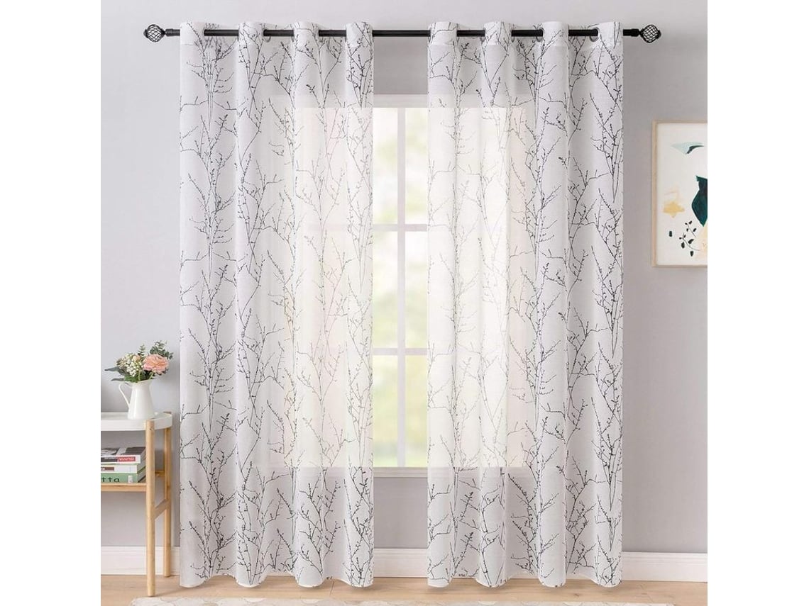 Rebe-cortinas Semitransparentes Linjou De 2 Paneles Patrón Ramas 140x160cm Negro Para Dormitorio Salón Balcón 140x160cm Negro