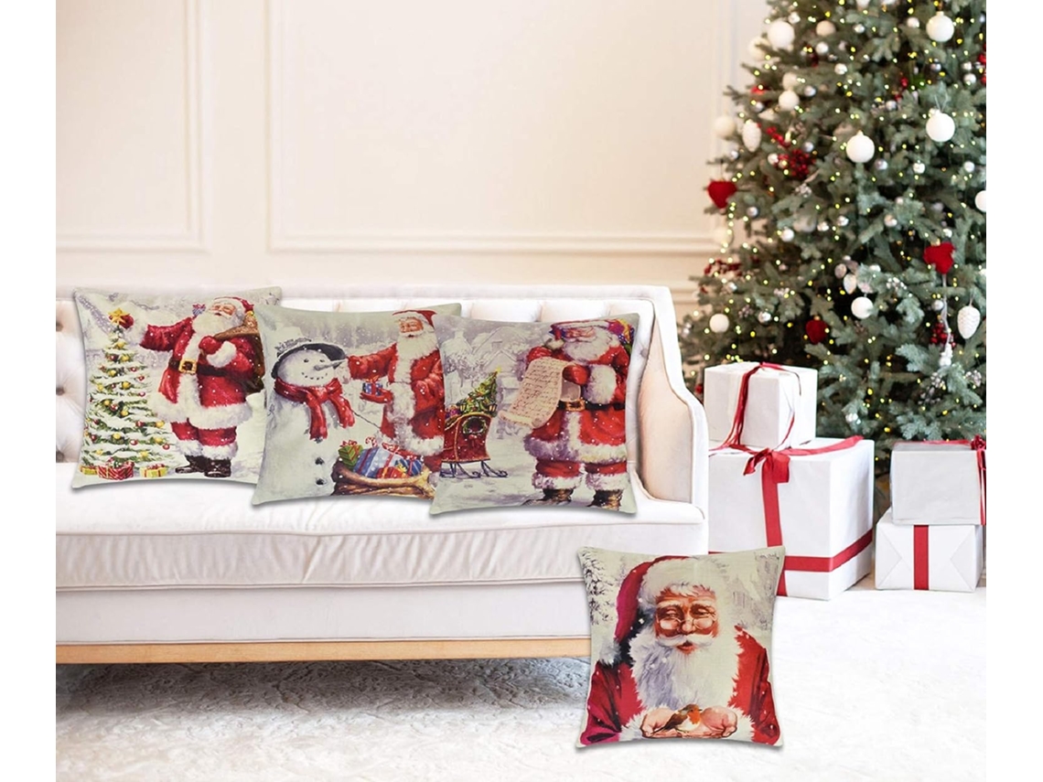 Juego de fundas de almohada navideñas Funda de cojín decorativa Lino corto de felpa Santa Claus Elk Tree Muñeco de nieve Decoración