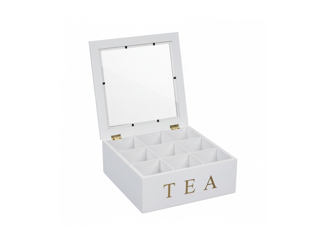 Caixa De Chá Relaxdays, 9 Compartimentos, Organizador De Saquetas De Chá, Bambu, Hbt 9 X 23,5 X 23,5 Cm, Branco/gold