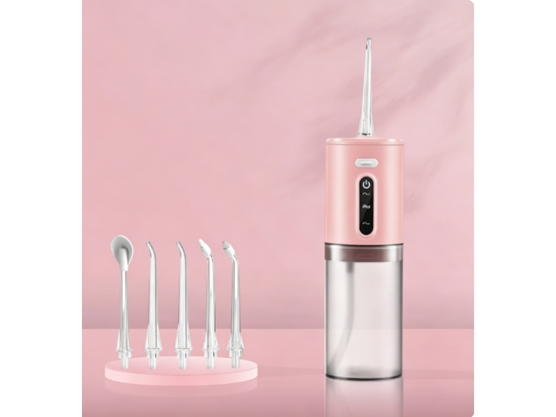 Irrigador bucal rosa cereza con cinco puntas funcionales, tres modos ajustables para limpieza profunda y masaje de encías YANYXR