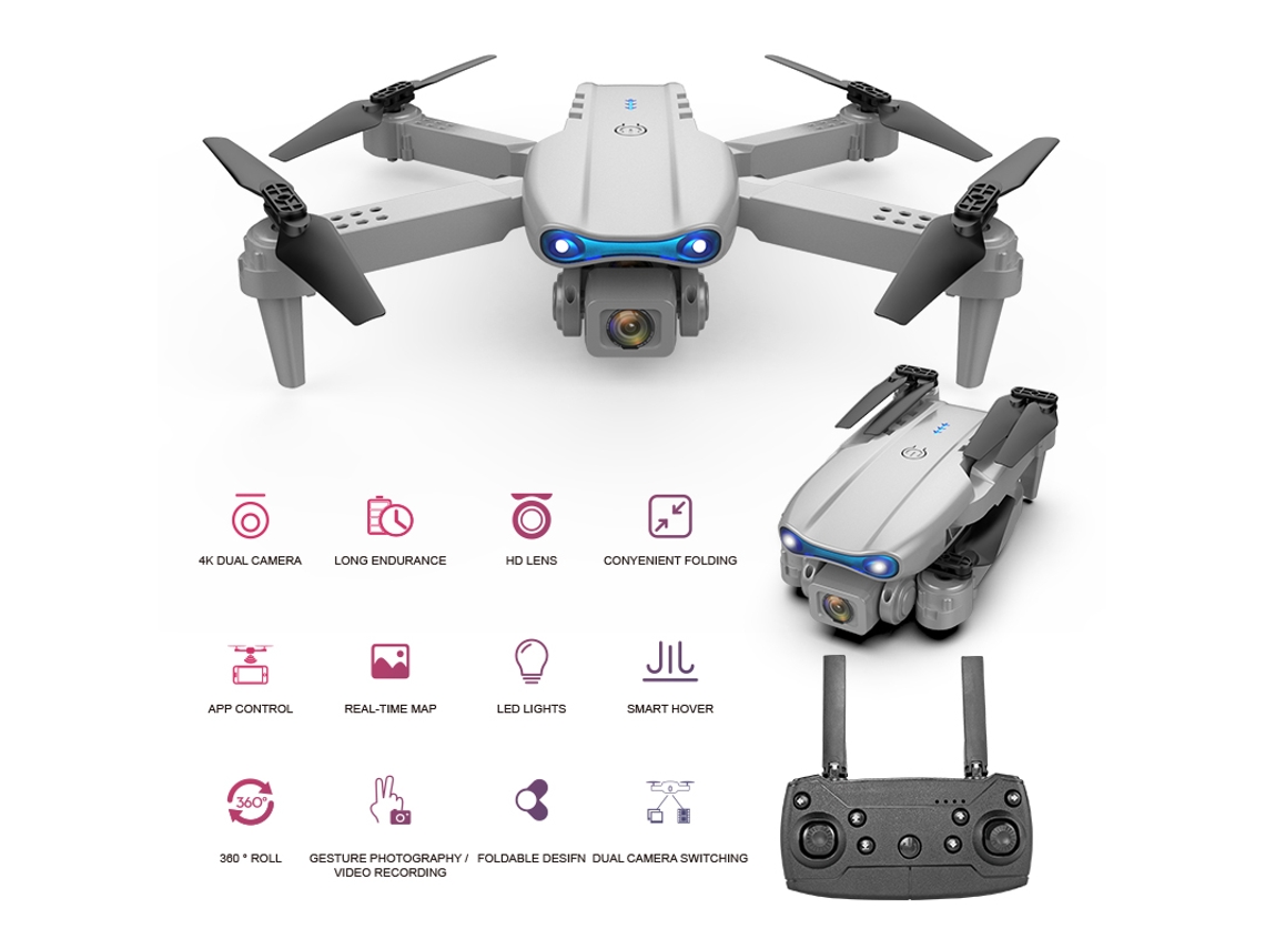 Dron de control remoto Bestvite 4K con cámara (cámara dual, batería de 15 minutos, gris)
