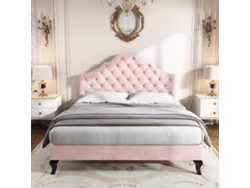 Cama Tapizada 140x200 Cm En Terciopelo Con Cabecero Ajustable Somier De Láminas - Rosa