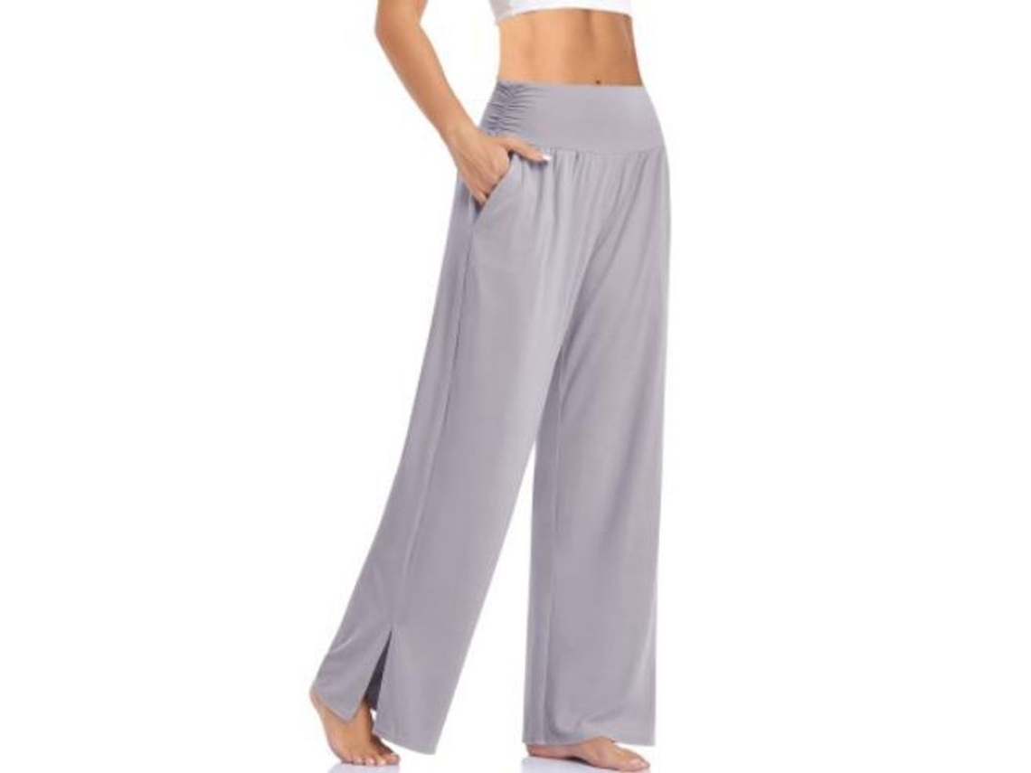 2026-pantalones De Yoga De Pierna Ancha Para Mujer De Cintura Alta Con Bolsillos Y Cordón Ajustable L Gris Claro