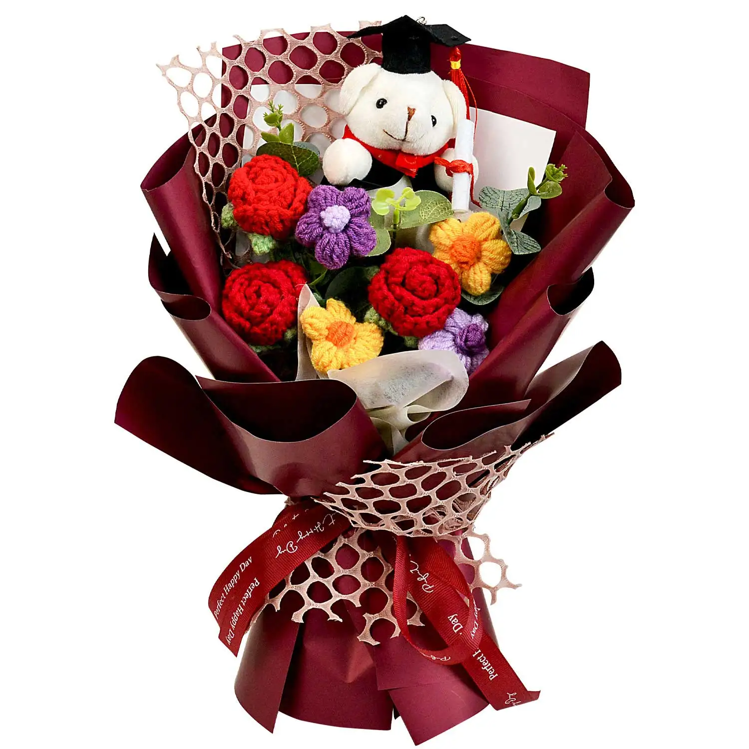 (rojo) Ramo De Girasoles De Graduación Tejido A Mano A Crochet, Un Regalo Para Una Amiga.