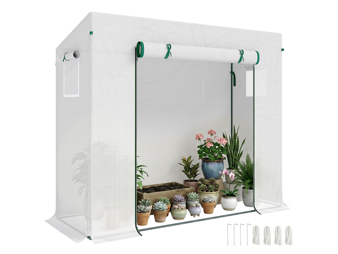 Invernadero con ventana lateral, puerta enrollable, parabrisas, estructura de acero, lámina de plástico, blanco, 200 x 76 x 168 cm