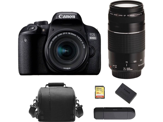 Kit Cámara Réflex CANON EOS 800D EF-S 18-55mm F4-5.6 IS STM+ EF 75-300mm F4-5.6 III + 32GB SD + Bolsa + LP-E17 + Lector Tarjetas