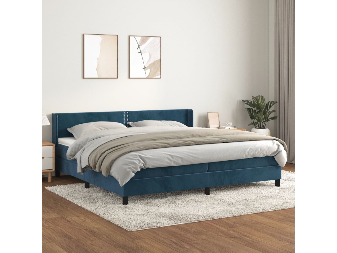 Cama Box Spring Con Colchón Terciopelo Azul Oscuro 200x200 Cm