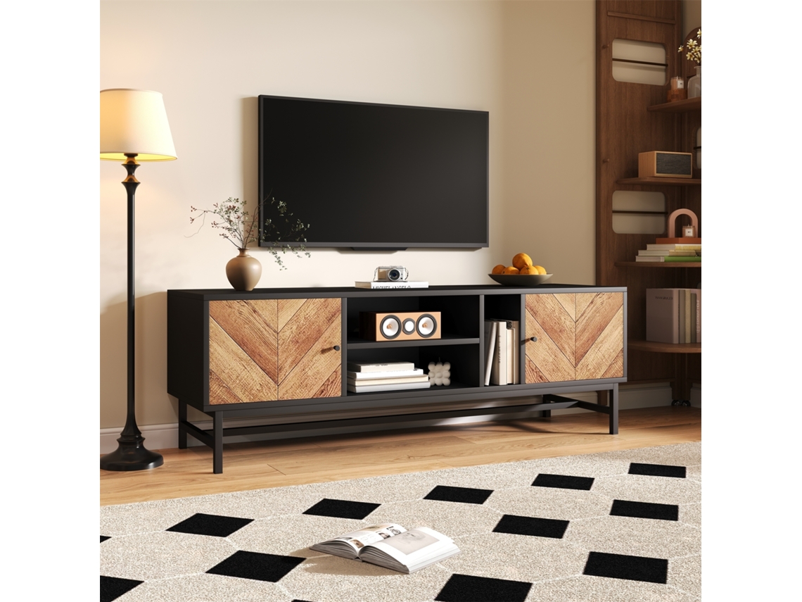 Mueble Para Tv, 150x38x55cm, Diseño Moderno Con Contraste, Múltiples Espacios De Almacenamiento, Compatible Con Tv De 55-75 Pulgadas, Negro Y Madera