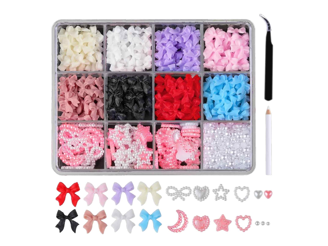 500 piezas de decoraciones 3D para uñas, decoraciones para uñas con lazo, perlas, corazones, estrellas, lunas, diamantes de imitación y gemas para decoración de uñas con herramientas