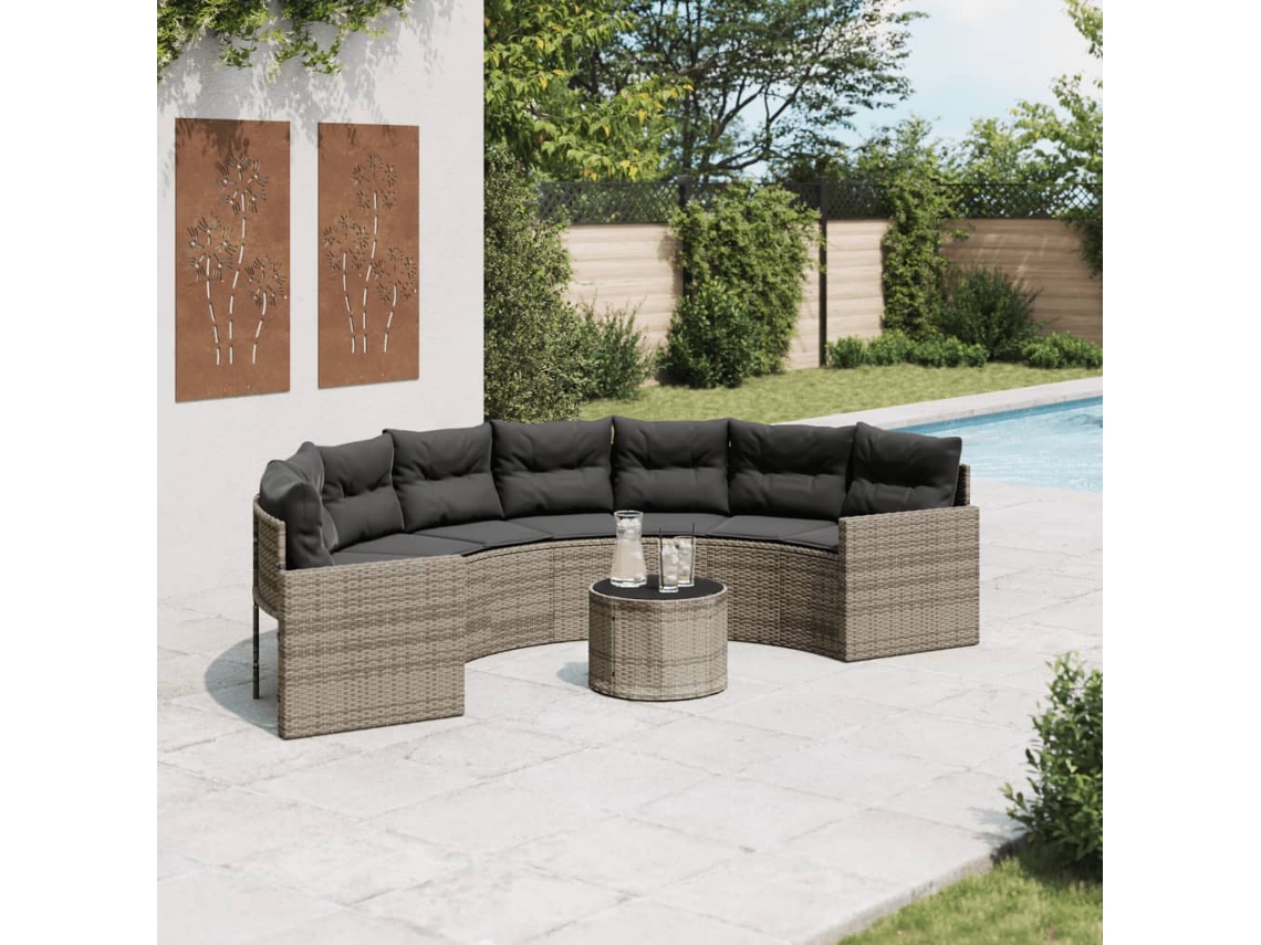 Sofá de jardín con mesa y cojines semicircular de mimbre gris Dkd Home Decor