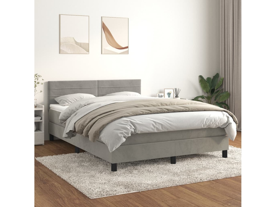 Cama Box Spring Con Colchón Terciopelo Gris Claro 140x200 Cm