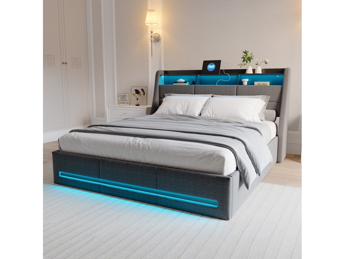 Cama Tapizada De 140 X 190 Cm, Cama Doble Con Almacenamiento Hidráulico, Puertos Led Y Usb, Somier De Láminas, Ropa De Cama, Sin Colchón.