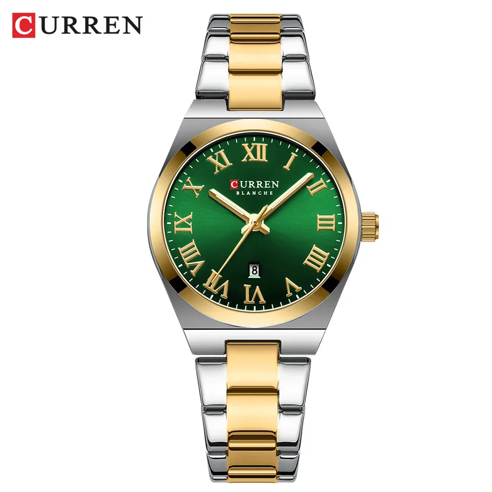 Reloj de mujer (verde) con indicador de fecha, de acero inoxidable.
