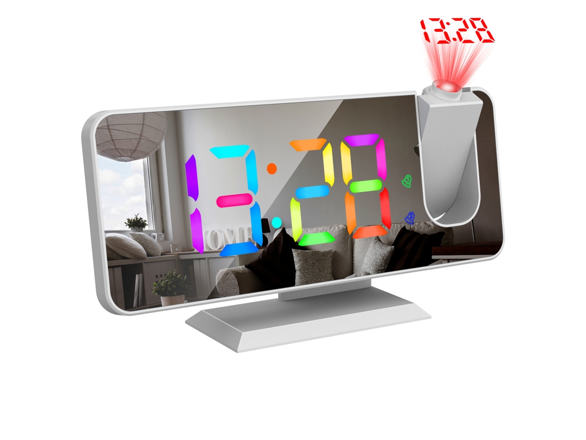 Reloj despertador digital 2026 con proyección de 180°, luz RGB dinámica ajustable, función de repetición, doble alarma y puerto USB para dormitorio.
