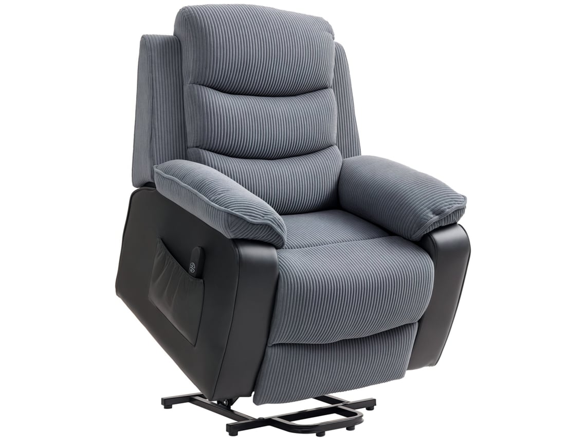 Sillón reclinable elevador de terciopelo pana con mando a distancia y bolsillos, gris oscuro.