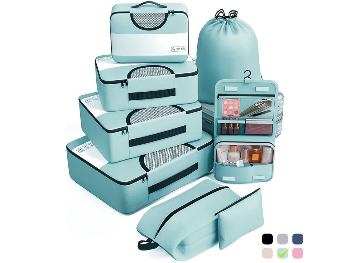 Juego de 8 bolsas de viaje, accesorios de almacenamiento de viaje con neceser colgante y bolsa para zapatos Cuich (azul)