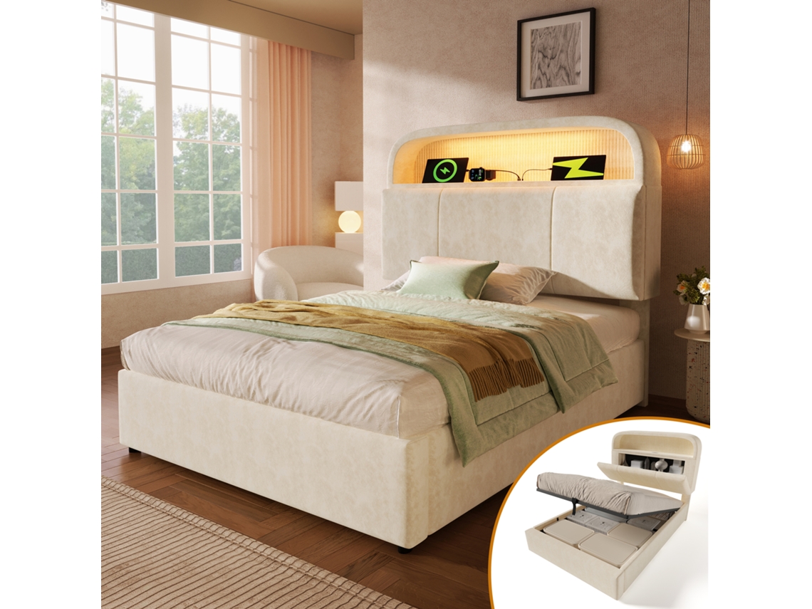 Cama Individual De Terciopelo Beige, 90x200 Cm, Iluminación Led, Regulable, Con Compartimento De Almacenamiento Hidráulico.