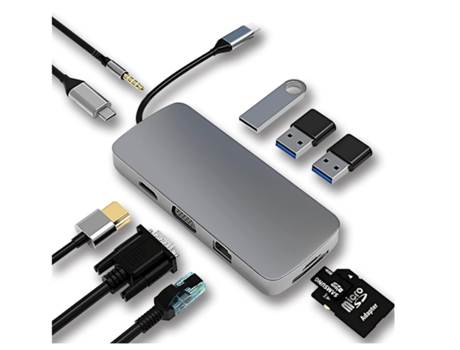Adaptador Usb C 10 En 1 Bx Con Hdmi 4K Vga Rj45 Ethernet Lector De Tarjetas Sd/Tf Entrada Auxiliar De 3,5 Mm Gris