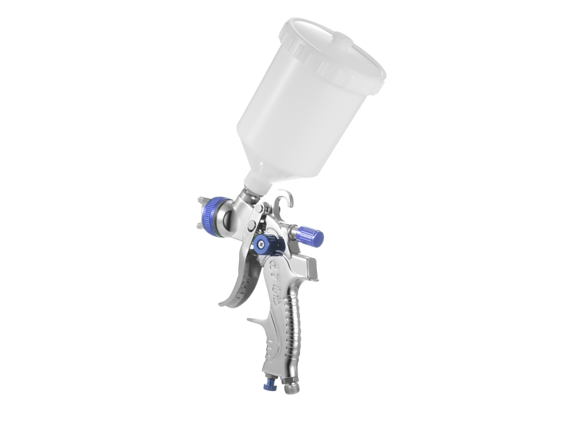 Pistola de pintura HVLP com alimentação por gravidade, copo de 600ml e bico de 1,4mm para pintura de carros, móveis e paredes.
