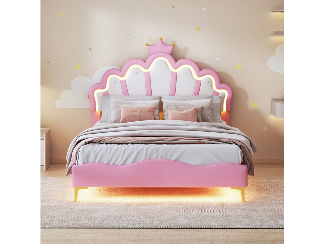 Cama Infantil Para Niña 140x200cm Cama De Princesa Rosa En Forma De Nube Con Corona Y Luces Led, Altura Ajustable, Pu Y Mdf