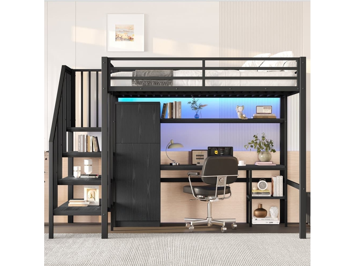 Cama Alta Metálica 140x200 - Con Escritorio, Estantería, Armario Y Escalera Con Almacenamiento - Negro