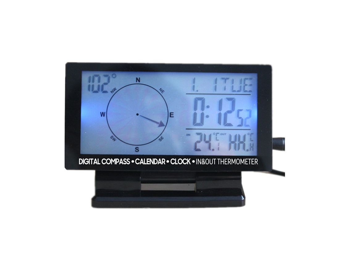 Termómetro Digital Para Coche Con Brújula, Reloj, Calendario Y Pantalla Lcd Retroiluminada.