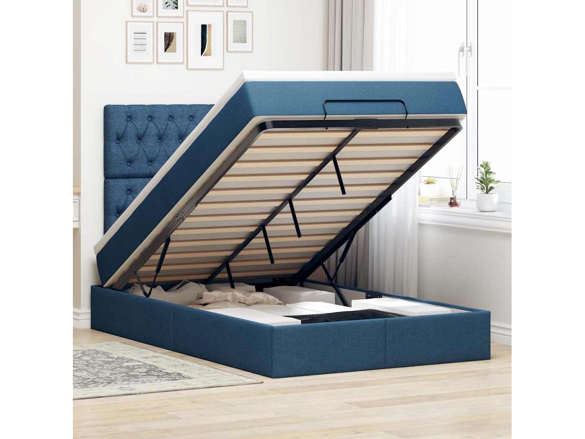 Estructura De Cama Otomana Con Colchón Tela Azul 120x200cm