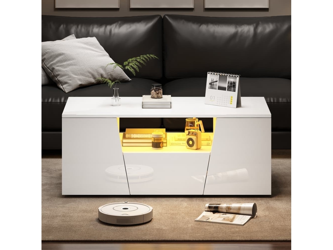 Mesa De Centro 100x50x40 Cm - Sofá Con Led, 2 Armarios, 1 Cajón, Diseño Irregular - Blanco