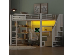 Cama Alta Metálica 140x200 - Con Escalera, Escritorio, Almacenamiento, Usb Y Led - Blanco