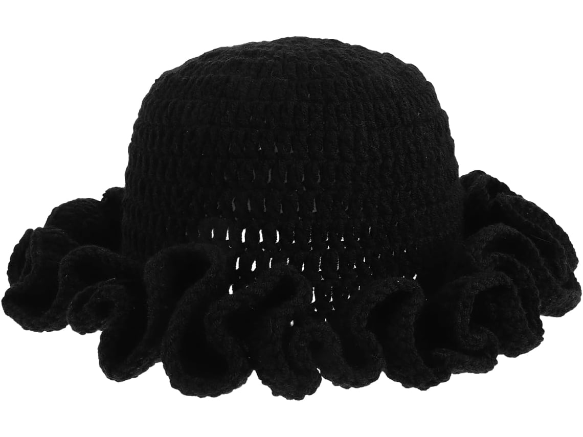 Gorro Feminino Tricotado À Mão Com Acabamento Franzido, Preto, Macio E Quente, Dobrável E Confortável.