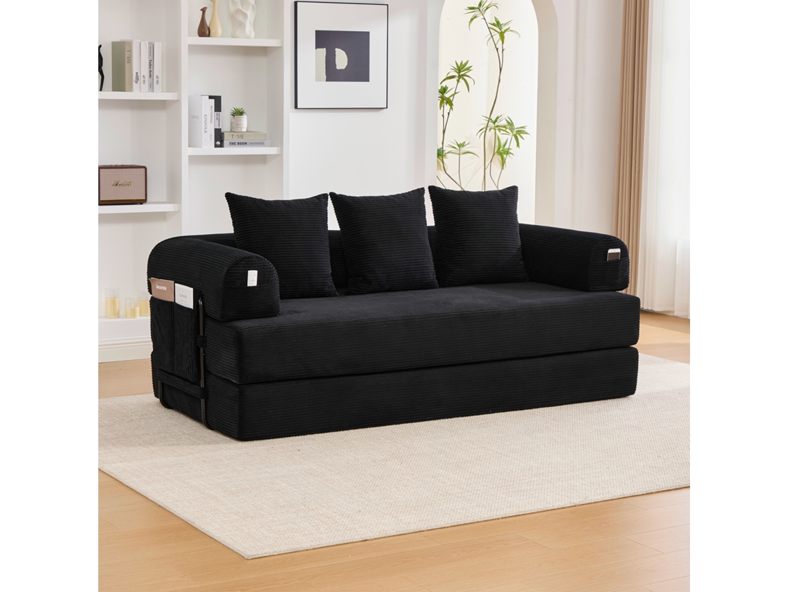 Sofá plegable de 3 plazas con estructura de metal, 3 cojines y bolsillos laterales - Negro - Mobrio