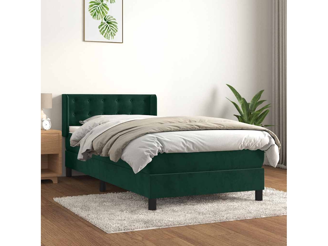 Cama Individual | Cama Box Spring Con Colchón Terciopelo Verde Oscuro 100x200 Cm