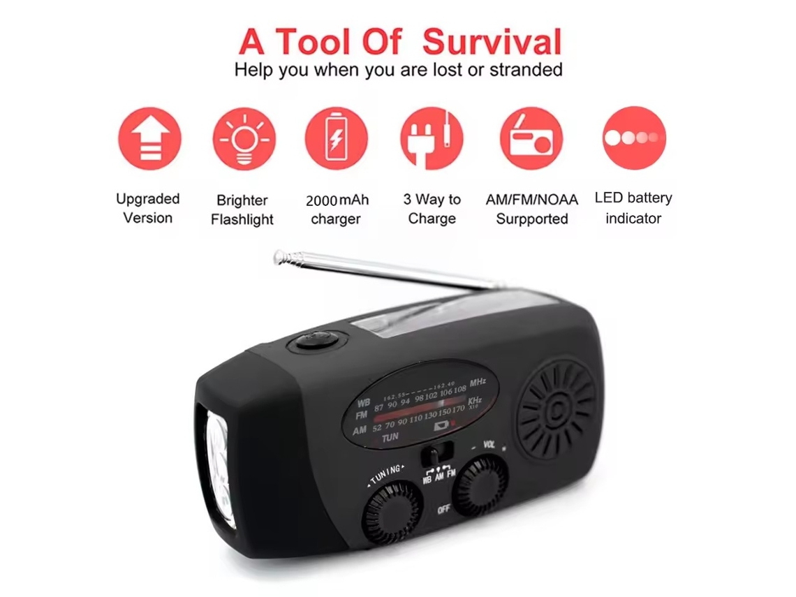 Radio de emergencia solar portátil Viewleaf con correa, linterna de 3 modos, sirena SOS y cargador de celular, ideal para acampar y sobrevivir.