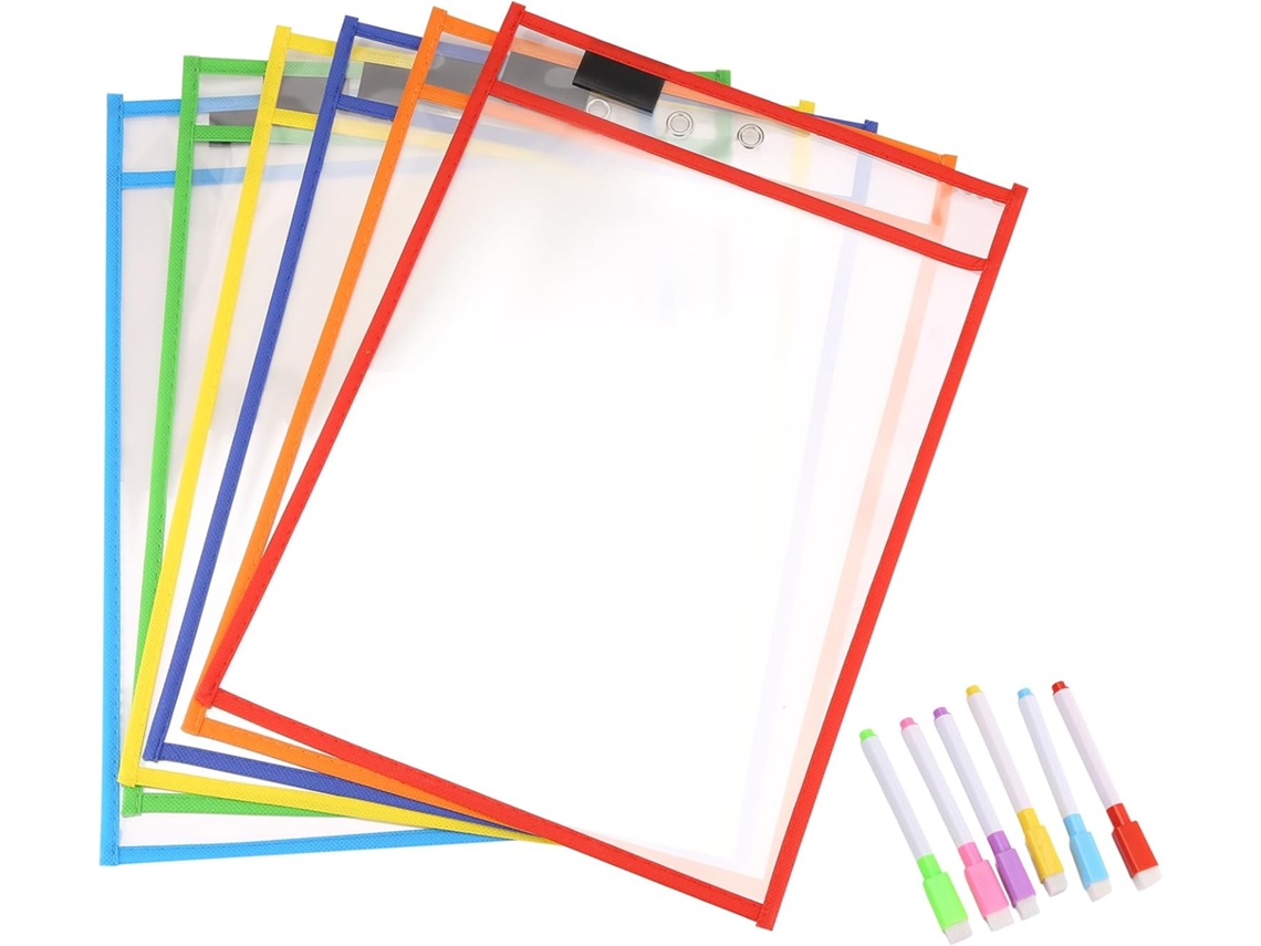 Bolsas reutilizables para pizarra blanca (paquete de 6) con protectores de hojas en varios colores - Gokoco
