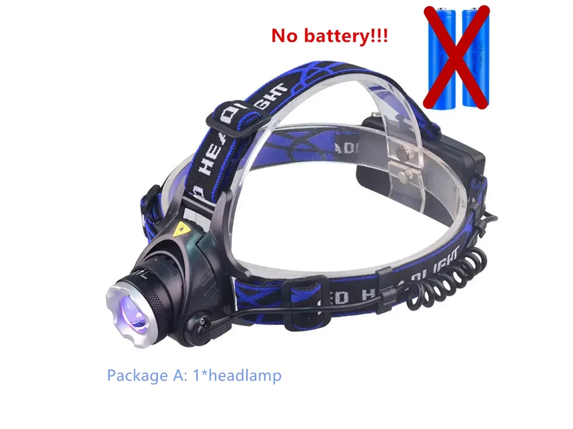 Potente linterna frontal LED Viewleaf con zoom blanco/UV de 395 nm, recargable por USB, resistente al agua, ideal para camping y defensa personal.