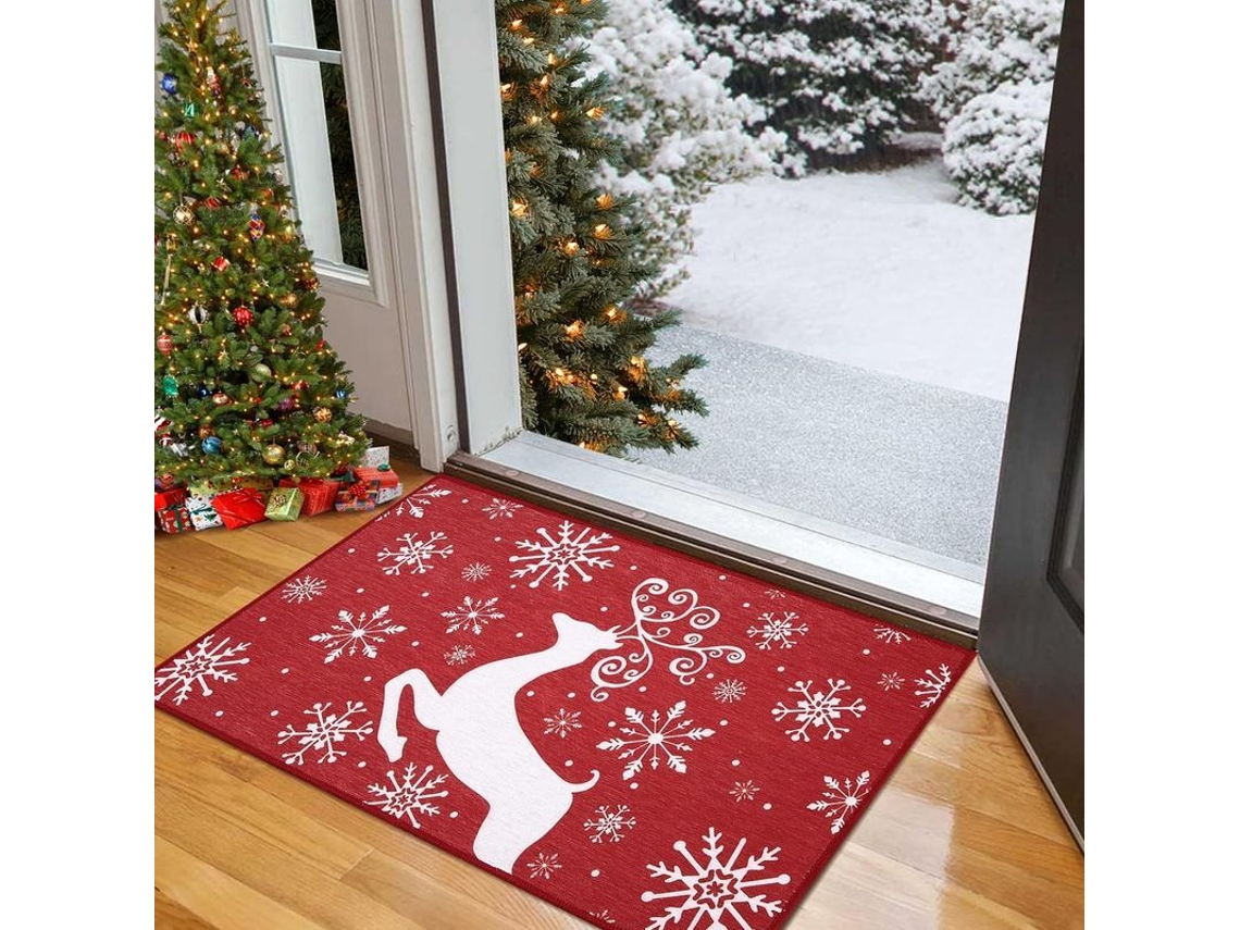 Felpudo Navideño Con Ciervo Y Copos De Nieve Para Interior/exterior Antideslizante Decoración Navidad