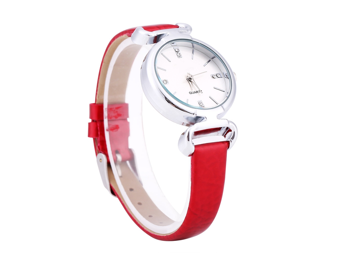 Reloj De Negocios Analógico De Cuarzo Para Mujer Con Diamantes De Imitación Y Correa Roja.