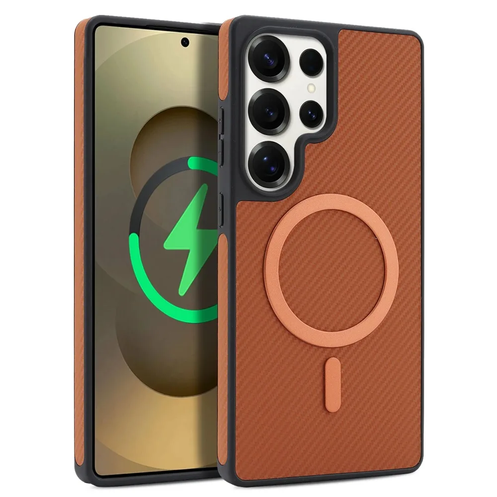 (marrón, Galaxy S23) Lujosa Funda Para Teléfono Con Textura De Cuero Y Fibra De Carbono, Compatible Con Carga Magsafe.
