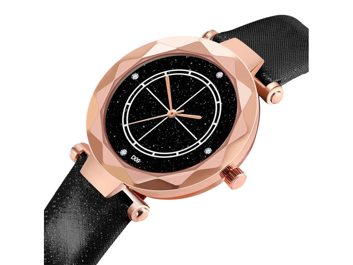 Reloj De Pulsera De Mujer Con Cuerda De Pu Dial Rombo Cuarzo Moda Negro