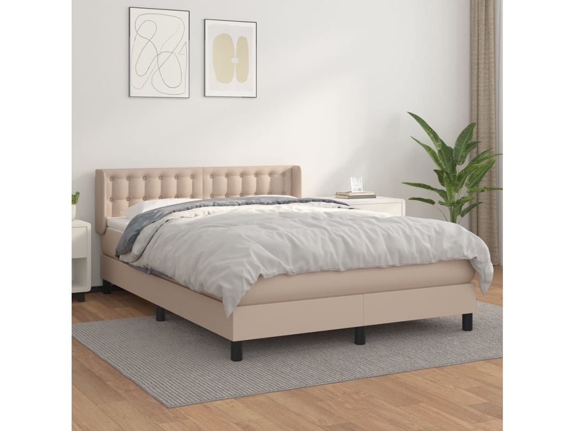 Cama Box Spring Con Colchón Cuero Sintético Capuchino 140x200cm