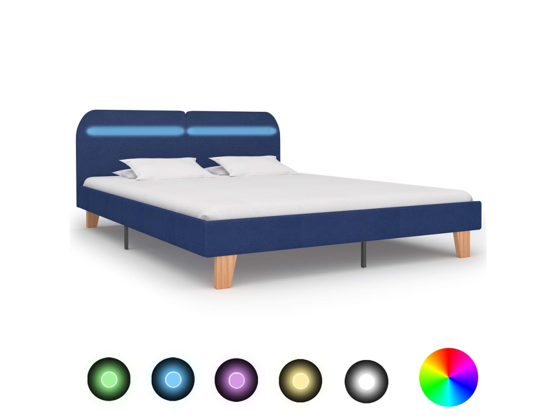 Estructura De Cama Con Led Sin Colchón Tela Azul 160x200 Cm
