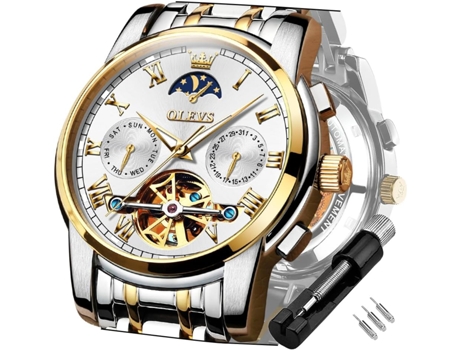 VEANXIN Reloj mecánico automático Tourbillon de acero inoxidable resistente al agua con fecha luminosa para hombre(Correa blanca y cara blanca.)